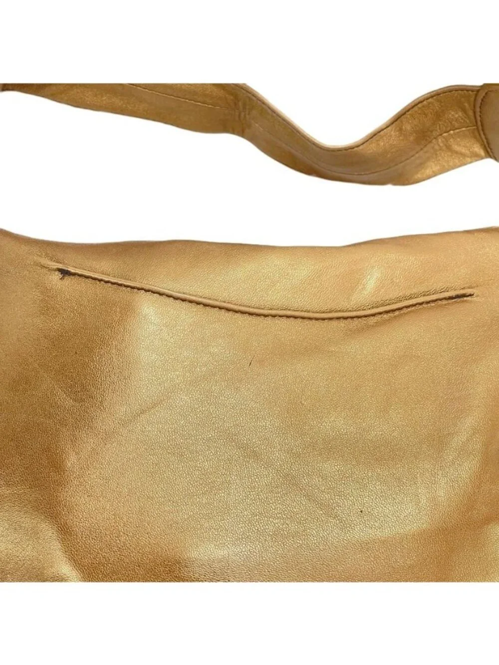 Bolsa Metallic Gold Lambskin Leather Shoulder Bag With Ultrasuede Lining Zip Clo